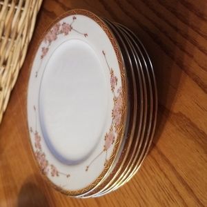 6 Antique Soko China hand painted cherry blossoms bouquet plates, Japan